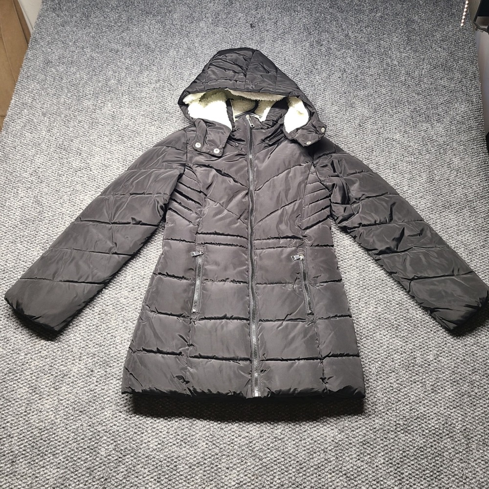 DKNY Girls Black Puffer Jacket Sherpa Lined Hooded Winter Coat Size M 10/12